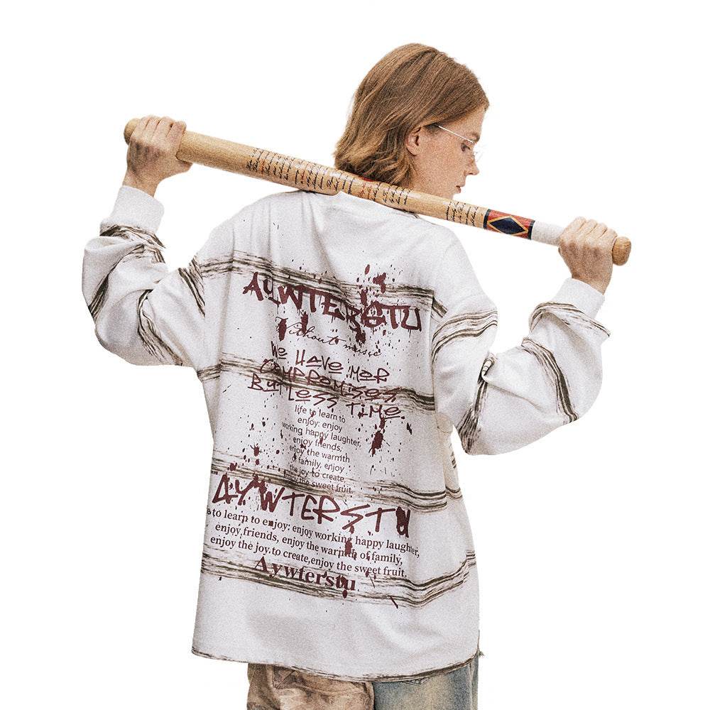 Hand-painted Graffiti Letter Striped Long-sleeved T-shirt For Men And Women MuddyStock