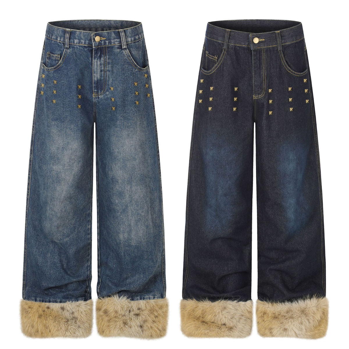 Wide Leg High Waist Washed Distressed Denim Jeans with Rivets and Frayed Hems for Women | MuddyStock Originals