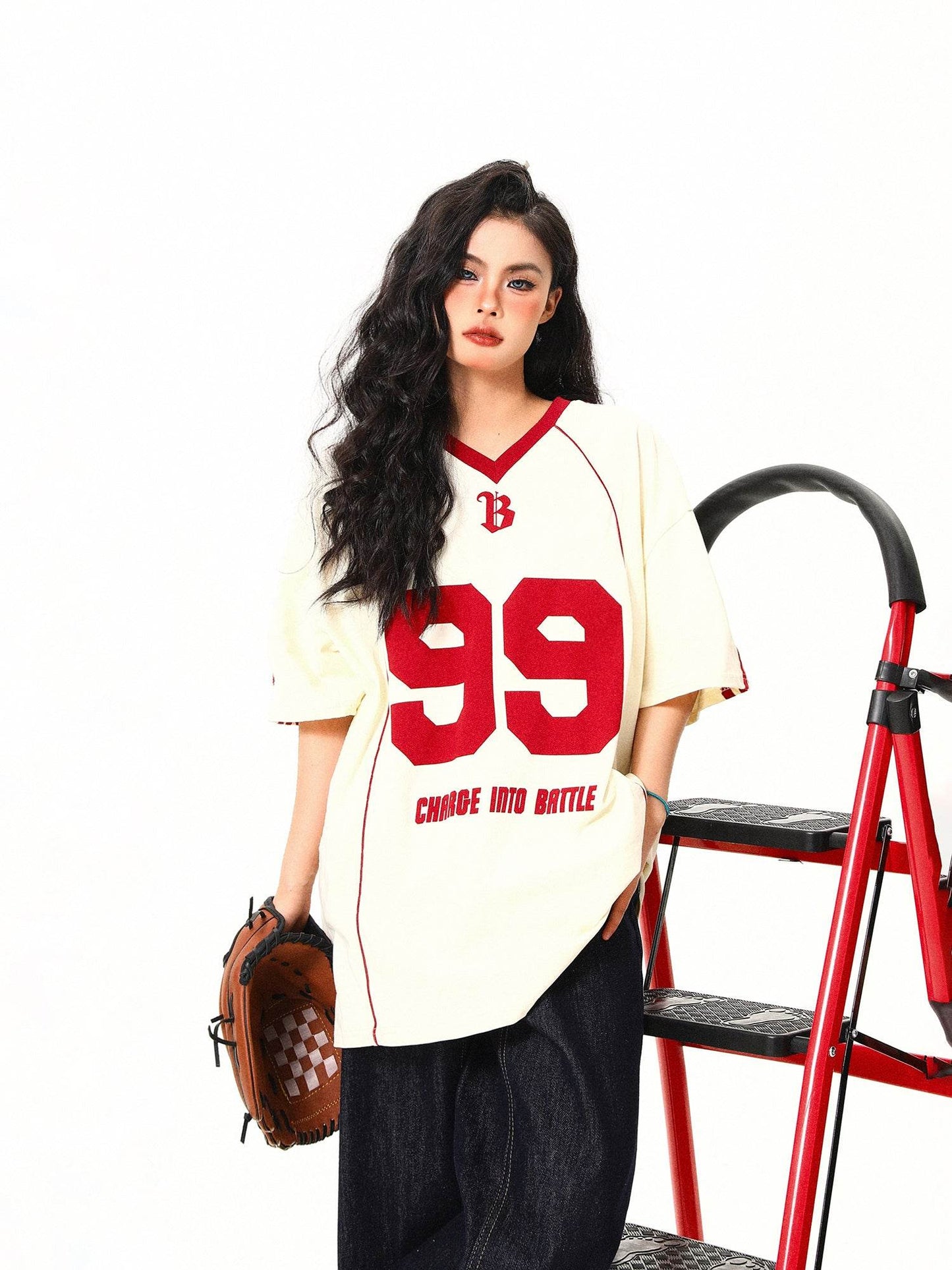 Retro V-neck Jersey Sports Style Short Sleeve T-shirt For Women MuddyStock