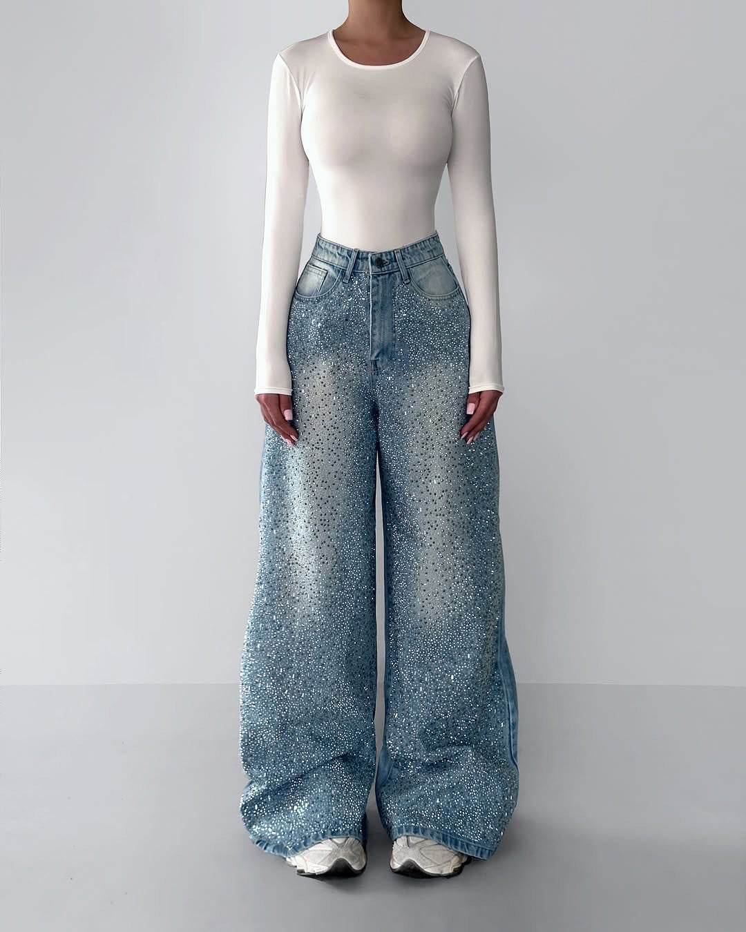 Irregular Rhinestone Jeans For Women Blue MuddyStock