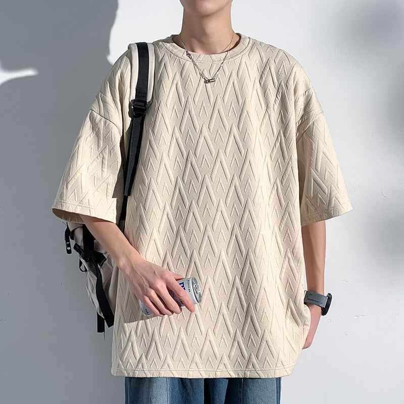 Mid-sleeve Bottoming Shirt Men's Round Neck Jacquard Solid Color Plus Size T-shirt MuddyStock