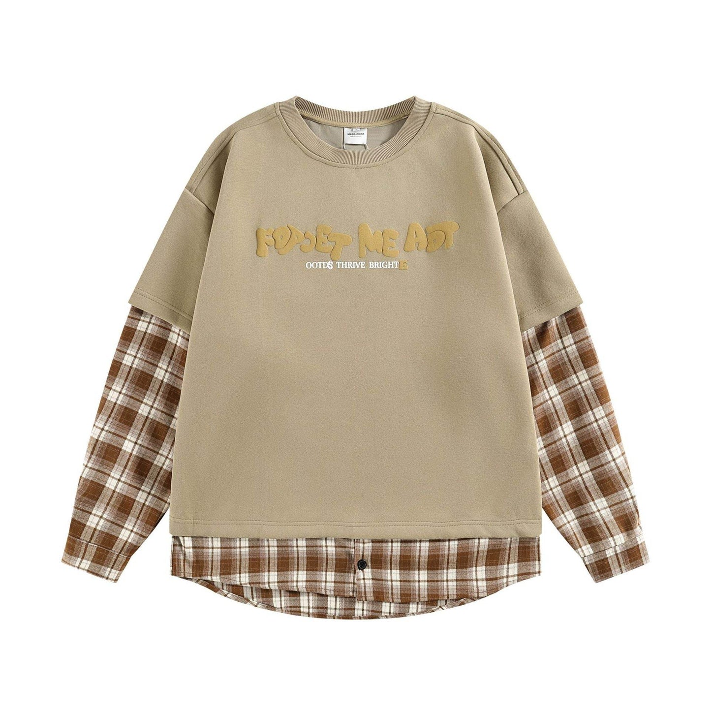 Plaid Splicing Fake Two-Piece Loose Hoodie For Men And Women| MuddyStock Originals Khaki MuddyStock