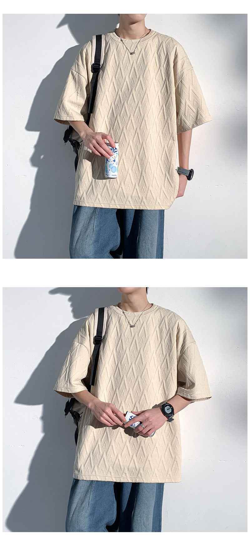 Mid-sleeve Bottoming Shirt Men's Round Neck Jacquard Solid Color Plus Size T-shirt MuddyStock