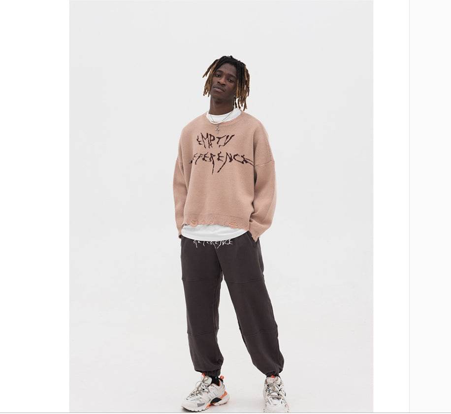 Camel round neck ruined long-sleeved sweater for men MuddyStock