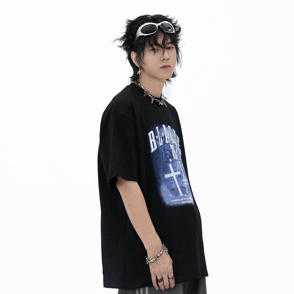 Fashion Cross Printed T-shirt Short Sleeve Men MuddyStock