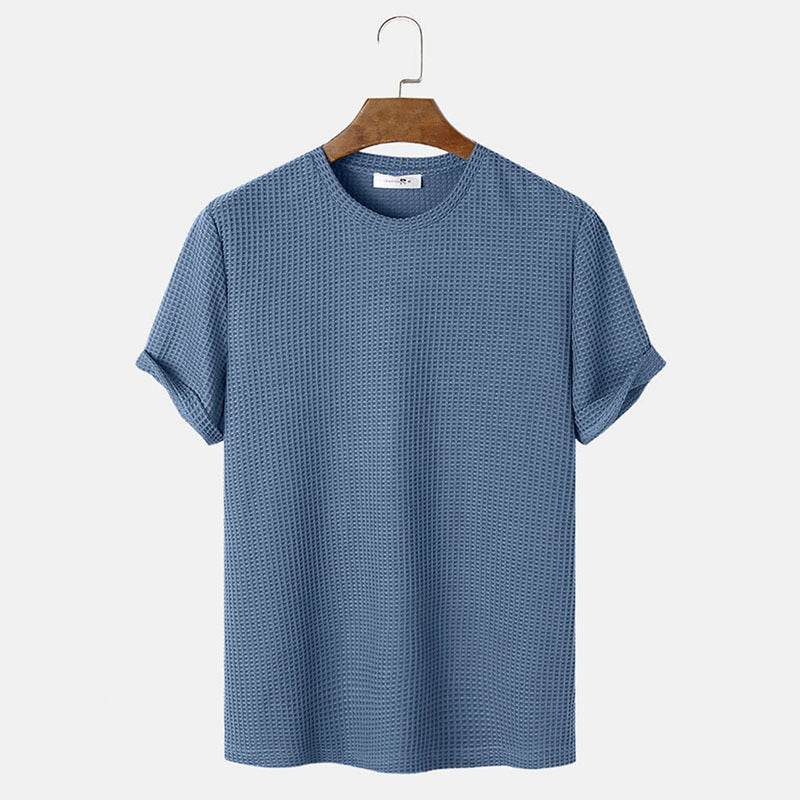 Men Summer Solid Color Round Neck Basic T-Shirts Blue MuddyStock