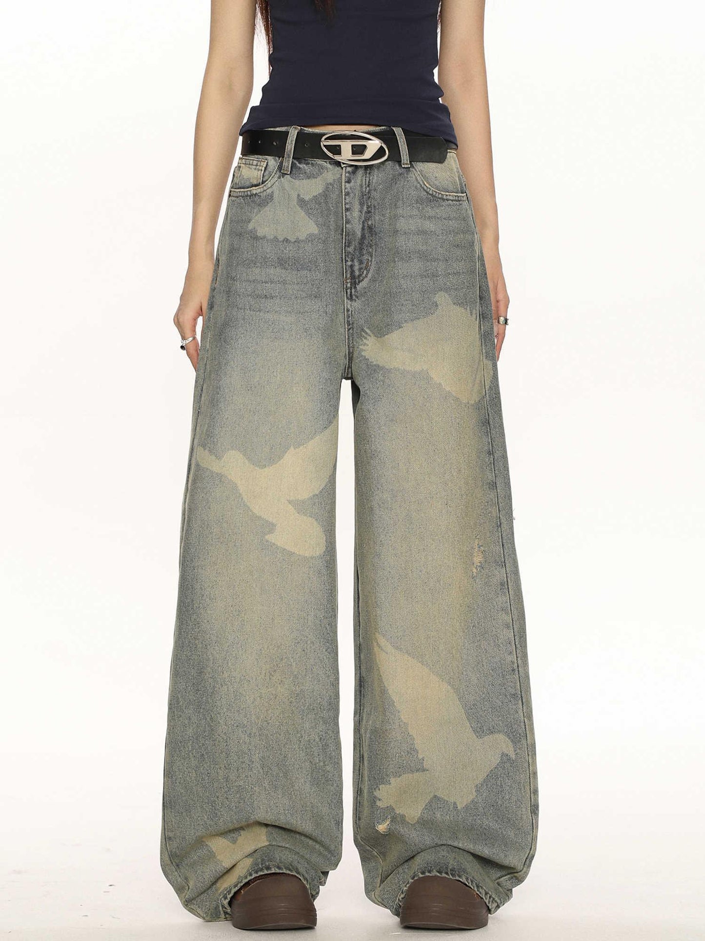 High-grade Pigeon Printed Personalized Chic Jeans For Women MuddyStock