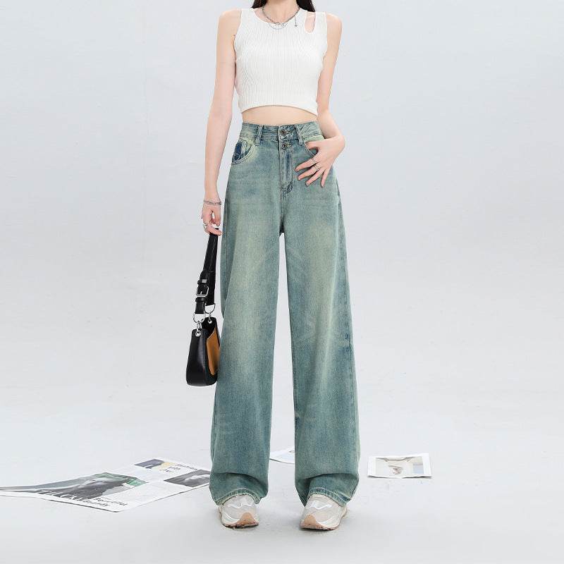 Women's Fashion Holes Narrow Wide-leg Jeans Blue MuddyStock