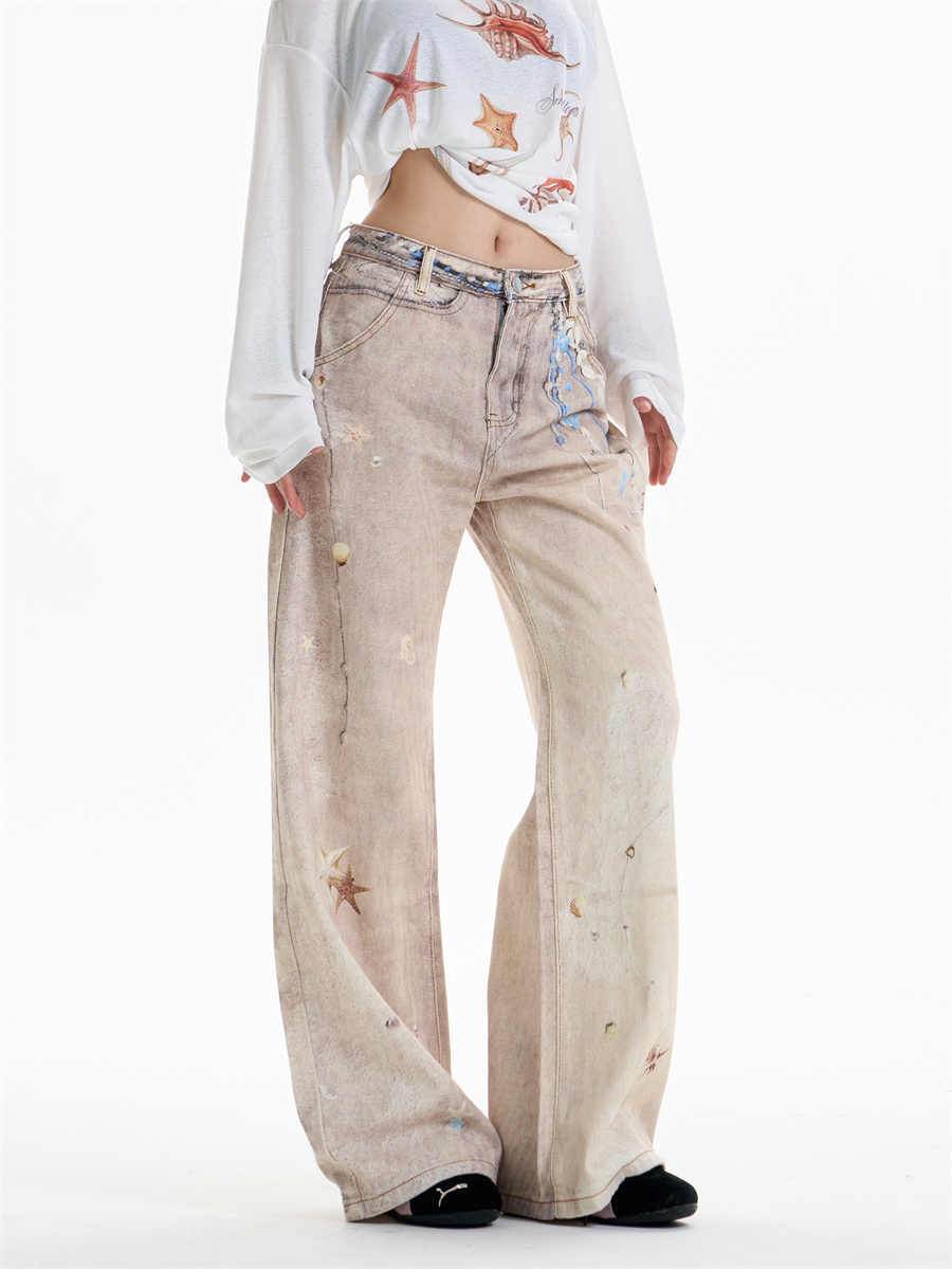 Retro Chain Print Worn Women's Straight Wide-leg Pants MuddyStock