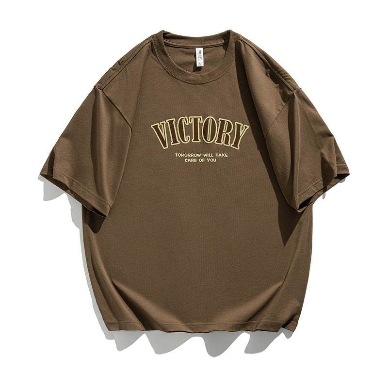 Men's Retro Alphabet Embroidered Short-sleeved T-shirt Brown MuddyStock