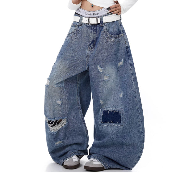 Women's Distressed Patch Washed Curved Blade Jeans Blue XL