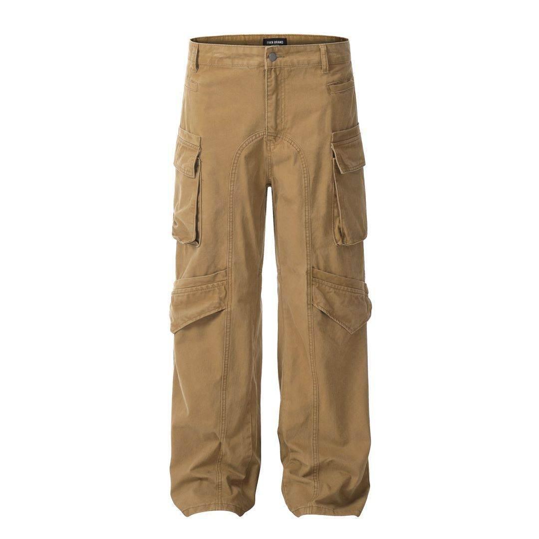 Casual Loose Straight Pu Wide-leg Trousers For Men And Women Khaki