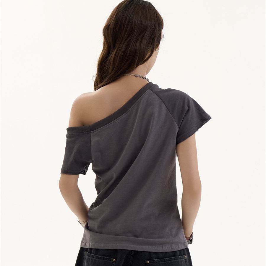 Female American Retro Spicy Girl Letter Slanted Shoulder Short Sleeved T Shirt MuddyStock