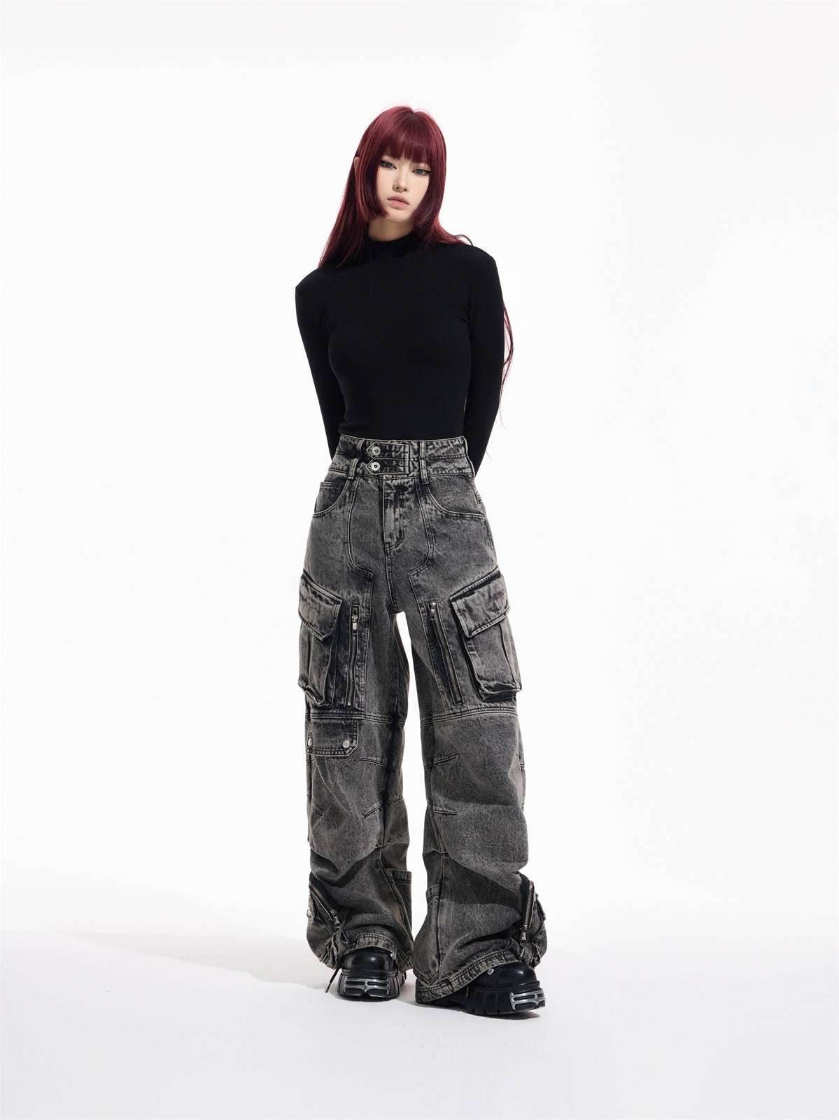 Design Retro Work Style Multi Pocket Jeans Denim Grey MuddyStock