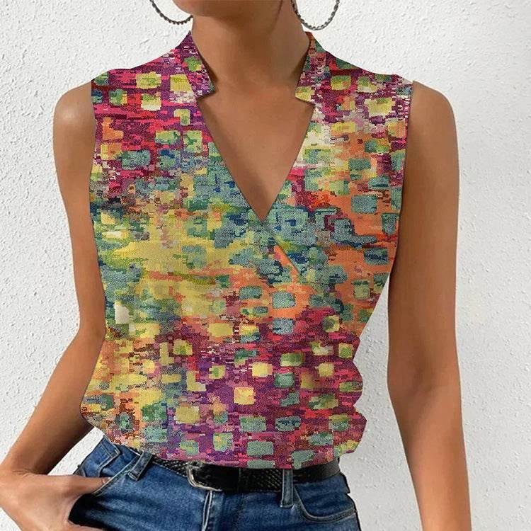 Casual Printed Tops Summer V-neck Sleeveless T-shirt Womens Clothing Figure 4