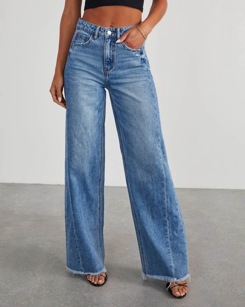 Loose wide leg side seam splicing, brushed hem denim jeans for women | MuddyStock Originals Denim Blue MuddyStock