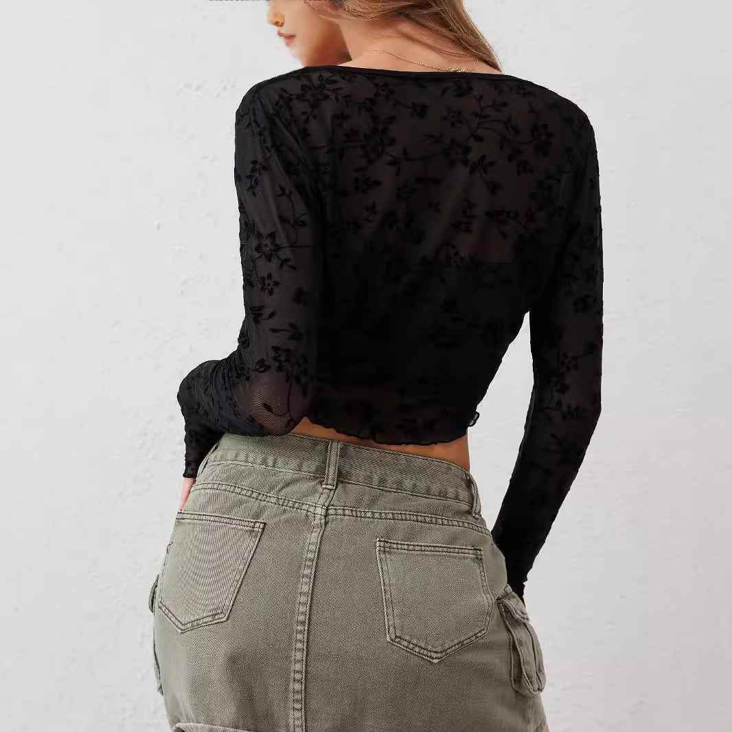 European And American Elegant Women's Transparent Mesh Flocking Front Lace-up Top MuddyStock