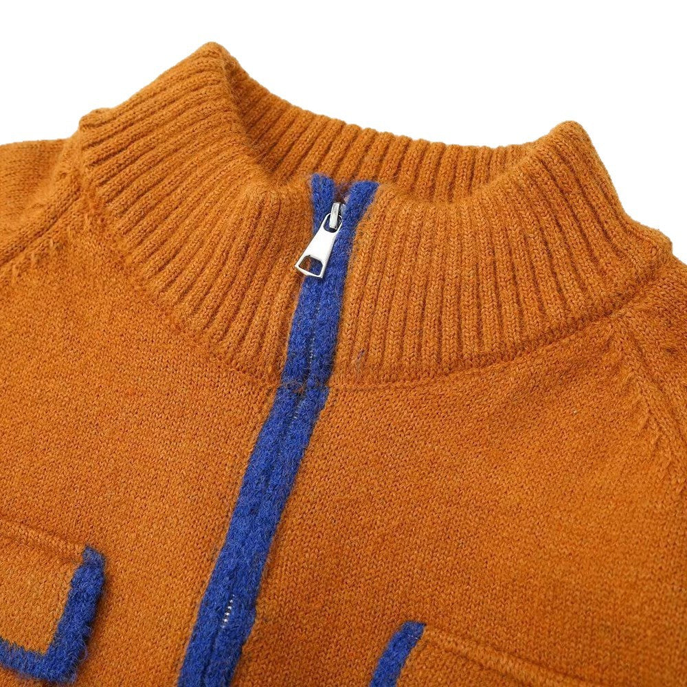 Relaxed Knit Zipper Stand Collar Cropped Color Block Cardigan Jacket