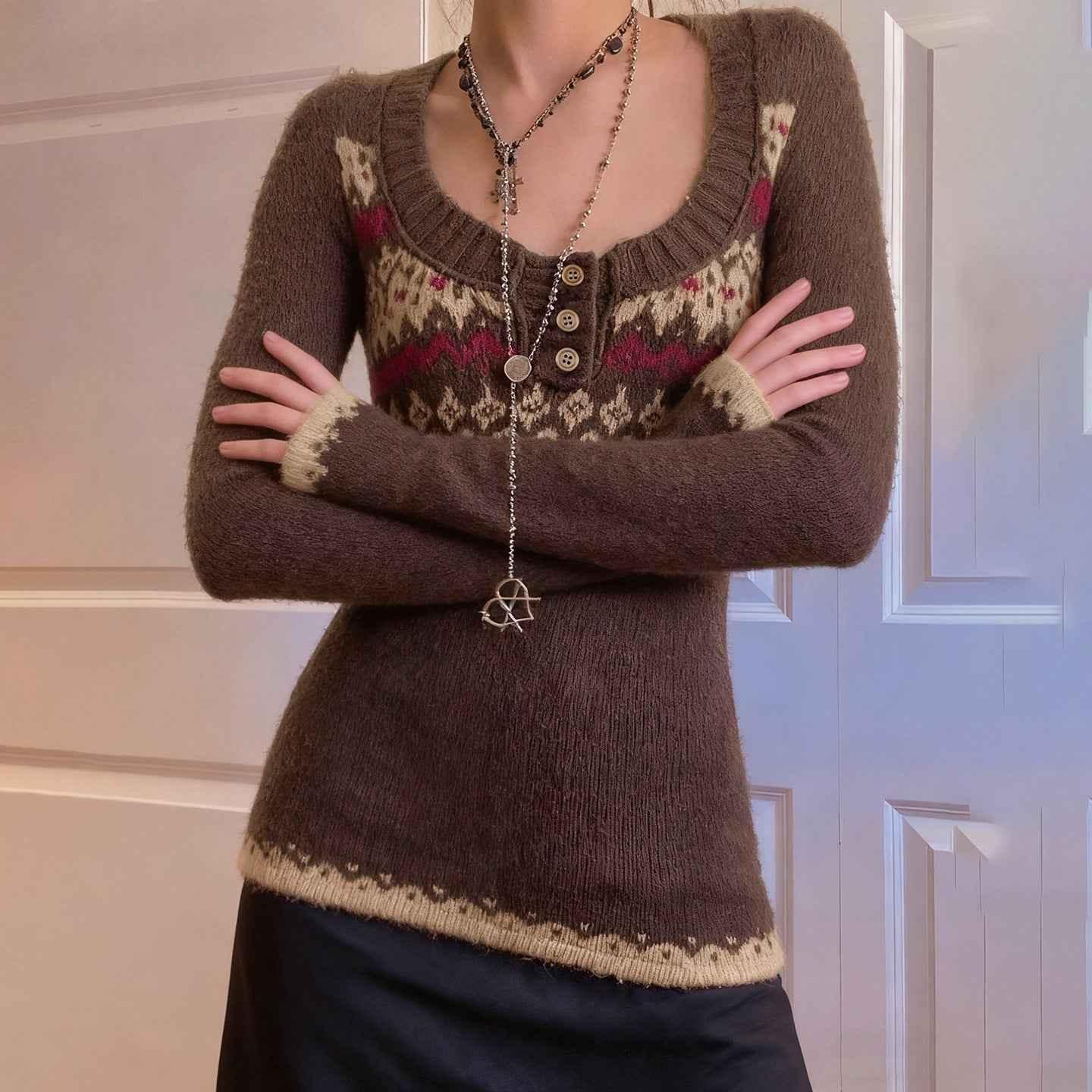 Vintage ethnic pattern U-neck sweater for women | MuddyStock Originals