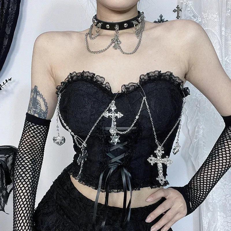 Crop Top Gothic Cross Chain Halter Strap Women's Backless Top | MuddyStock Originals