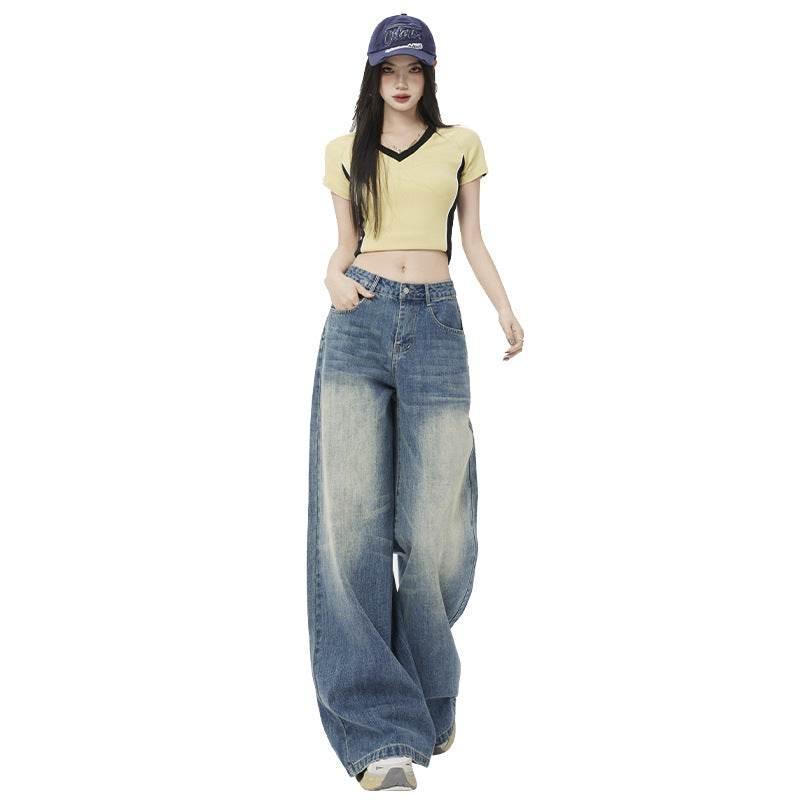 Women's Washed Vintage Blue Draped Loose High-Waist Wide-Leg Jeans | MuddyStock Originals