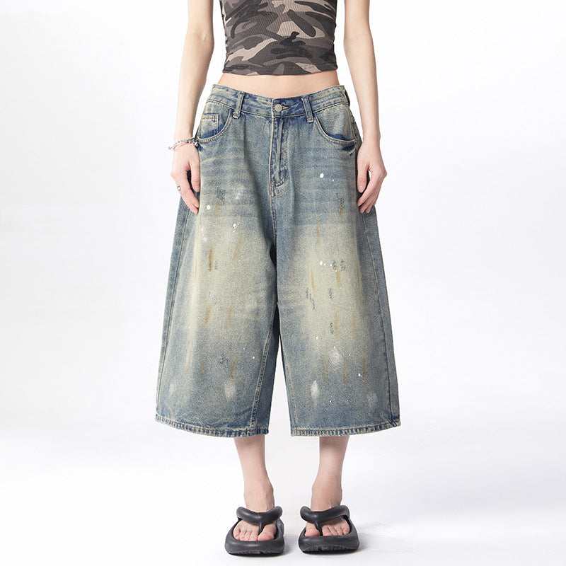 Splatter Washed Denim Crop Pants for Women | MuddyStock Originals