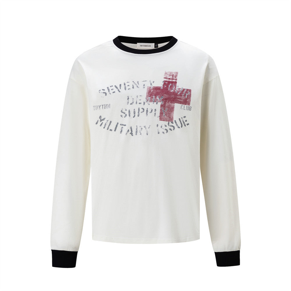 Street Style Cross Letter Print Long Sleeve Round Neck Men's T-Shirt Beige