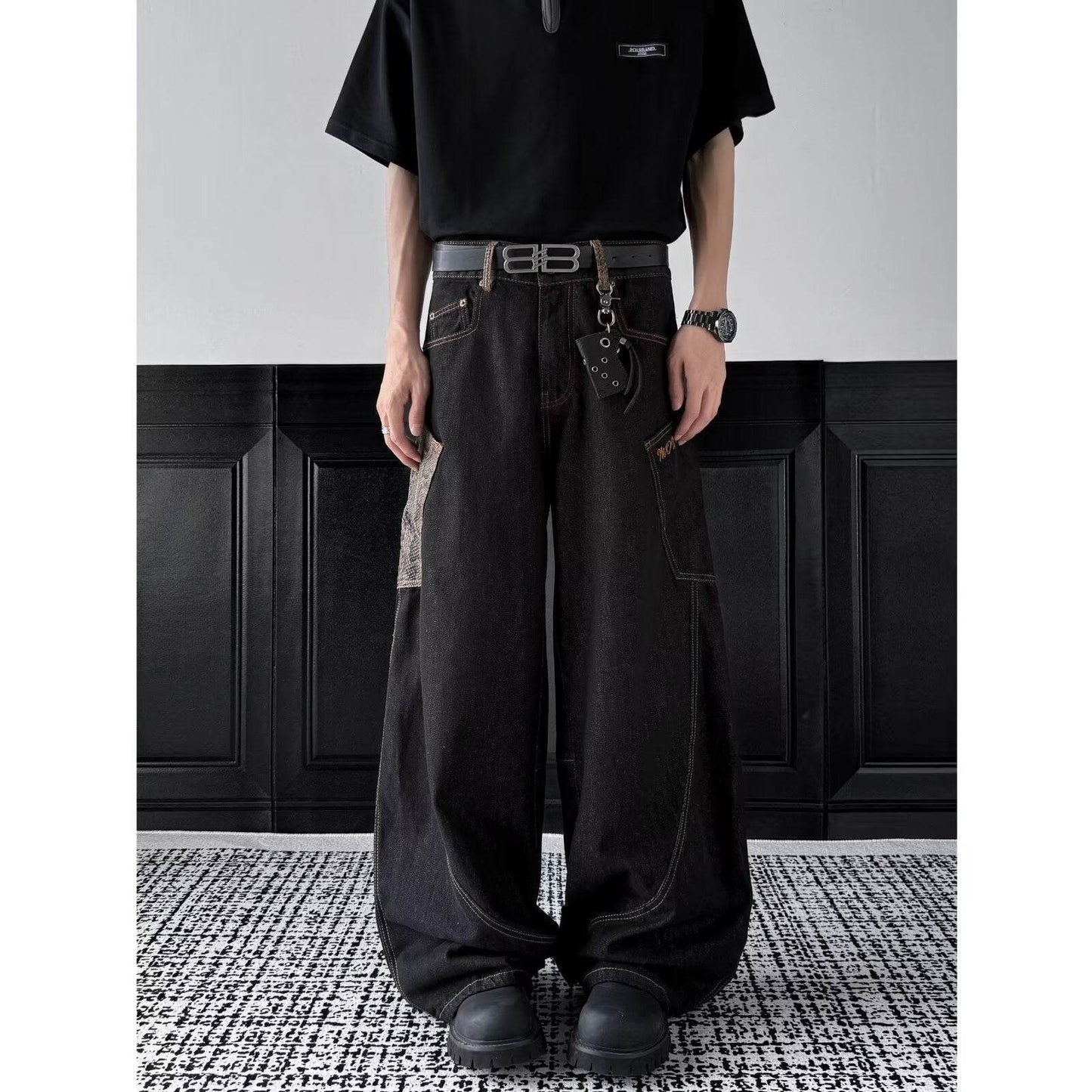 Checkered splicing curved jeans for men | MuddyStock Originals MuddyStock