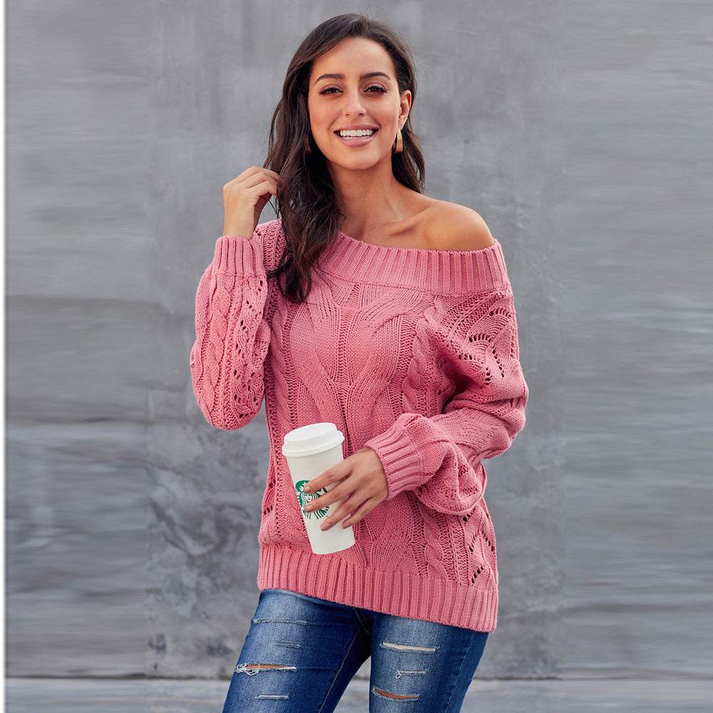 Thick Women's Diagonal Collar Long-sleeved Off-the-shoulder Loose Pullover Sweater Pink MuddyStock