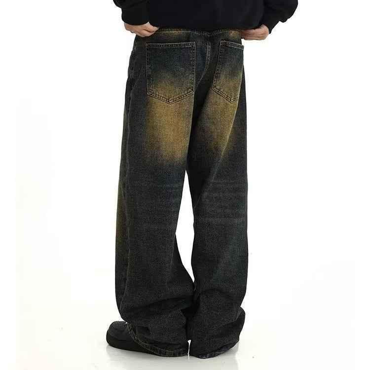 Men's Loose Yellow Mud Dyed Washed Vintage Jeans