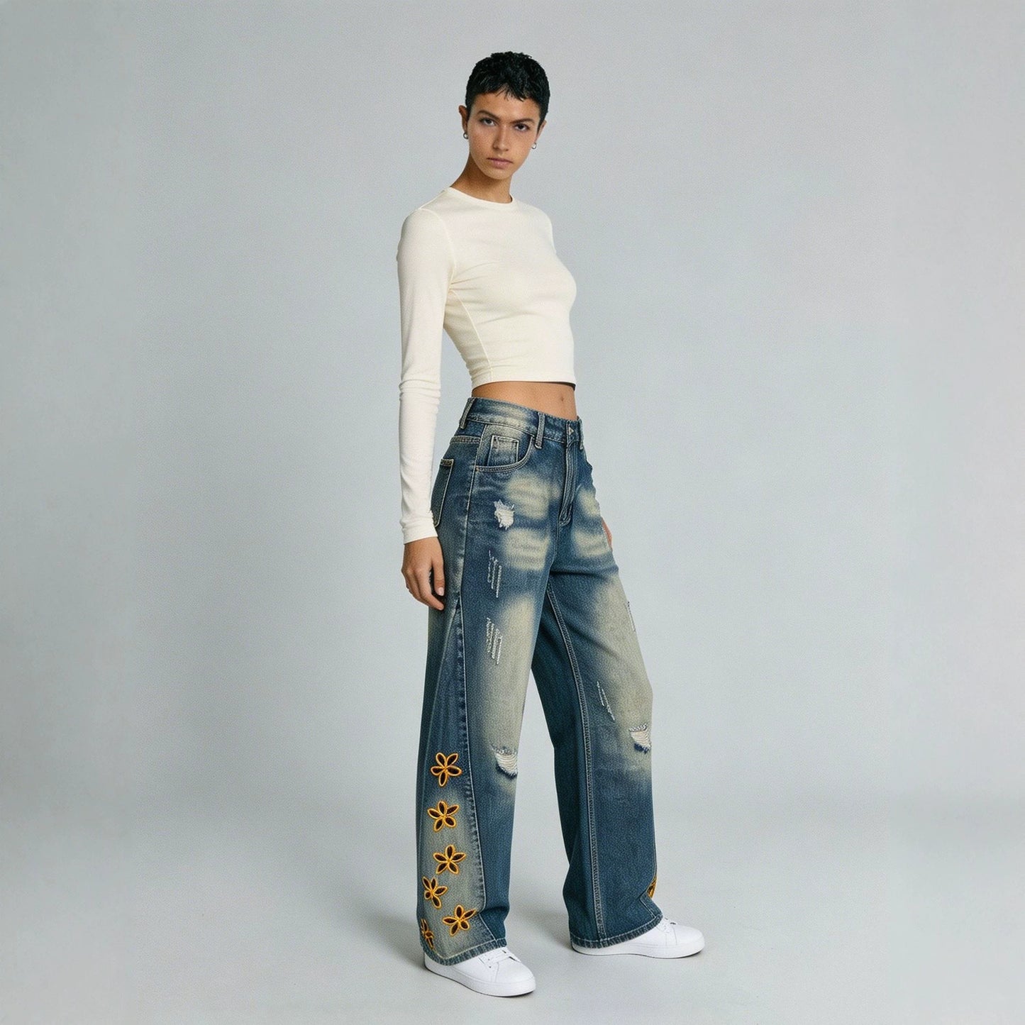 Retro Distressed Womens Denim Jeans