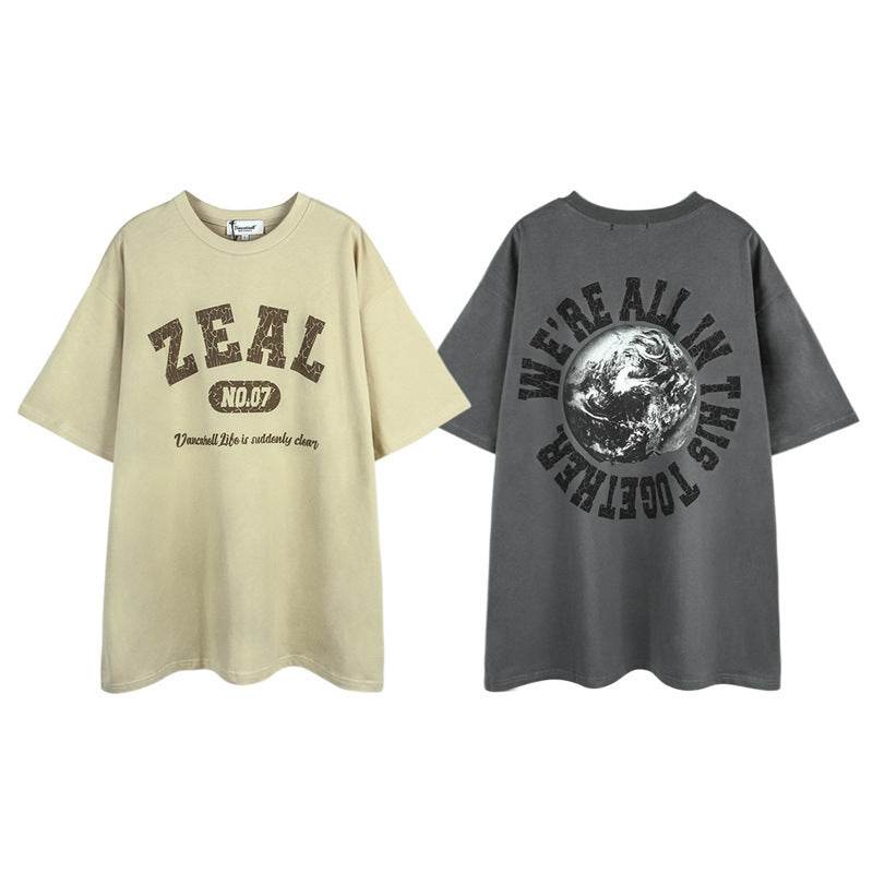 Short-sleeved T-shirt With Old Globe Letters For Men And Women MuddyStock