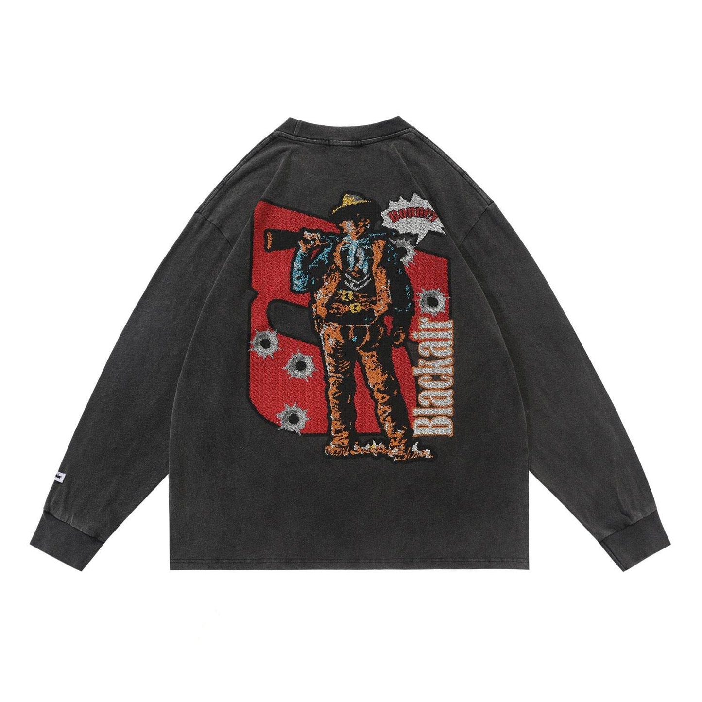 Denim Print Washed Distressed Loose Long Sleeve T-Shirt For Women Black MuddyStock