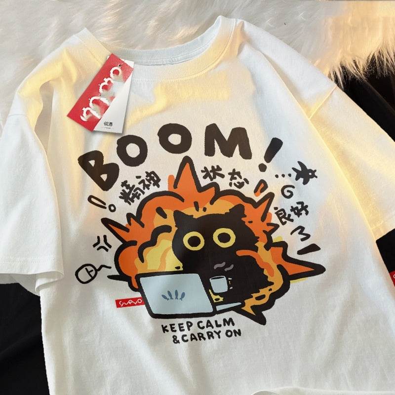 Black Cat Cotton Short-sleeved T-shirt Casual Loose Summer Breathable For Both Men And Women White MuddyStock