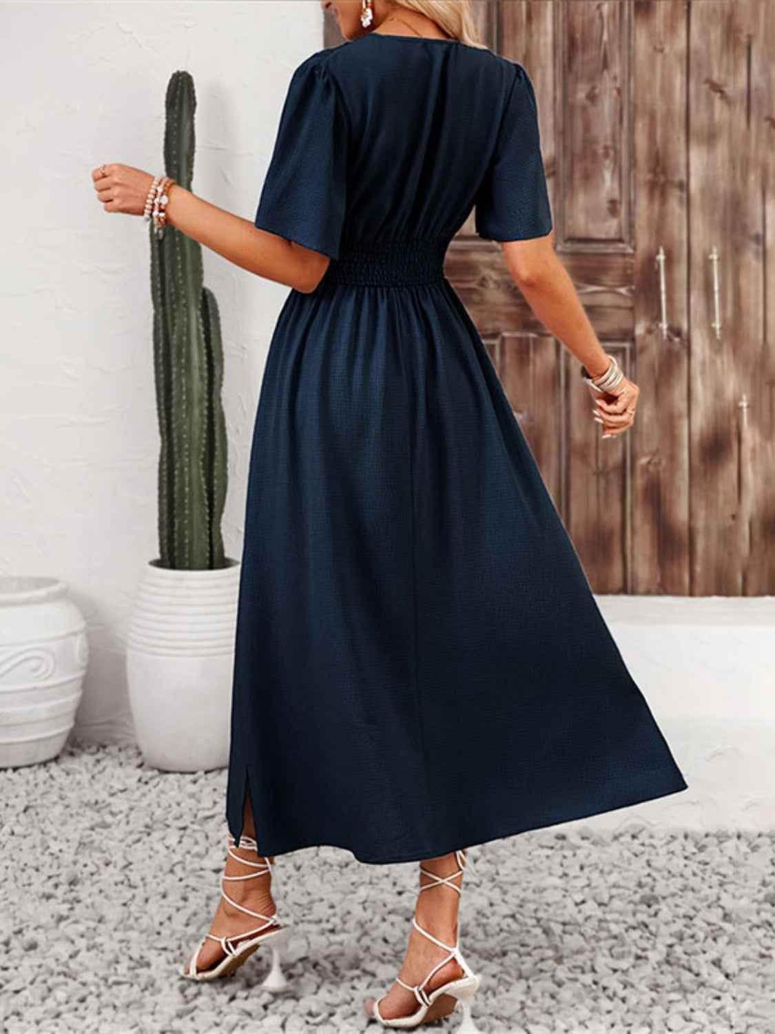 Side Slit Surplice Flutter Sleeve Midi Dress Trendsi