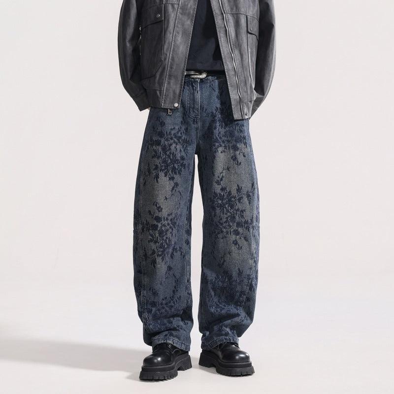 American-style Vintage Jacquard Flocking Embroidered Fleece-lined Jeans For Men Cyan All Products