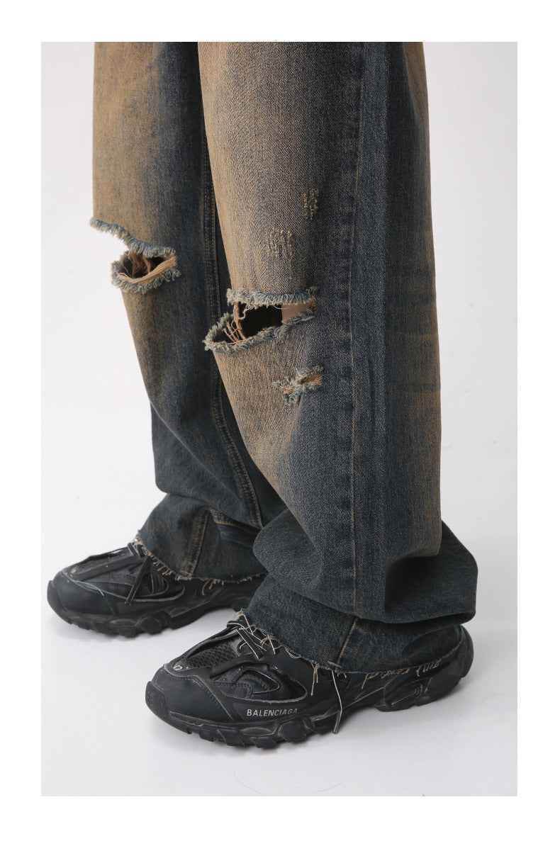 Men's Retro Distressed Rust Earthy Hole Raw Hem Jeans MuddyStock