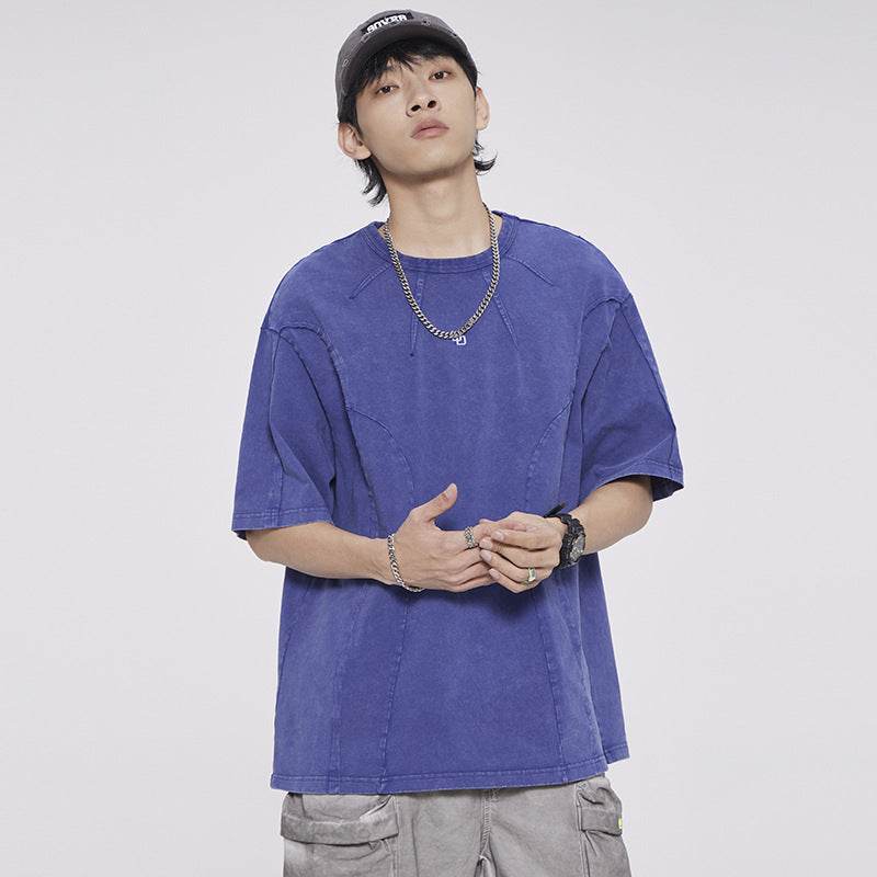 American Washed Patchwork Short-sleeved T-shirt Men MuddyStock