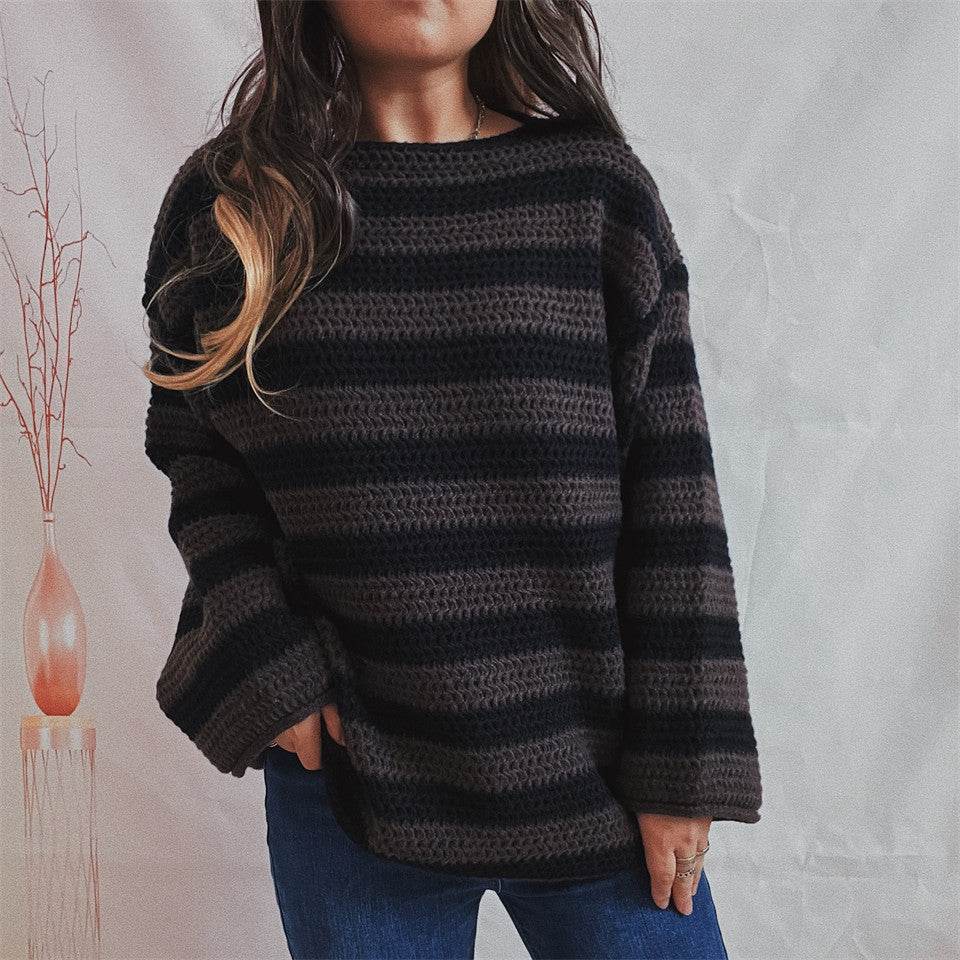 Women's Loose Off Shoulder Striped Long-sleeved Sweater Black Brown MuddyStock