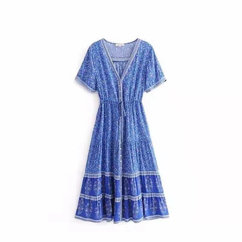 European And American Women's Clothing Dress Bohemian Style Dark Blue MuddyStock