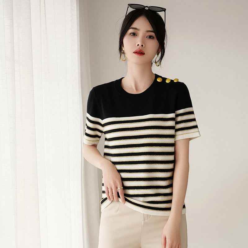 Knitted Short-sleeved Loose Striped T-shirt MuddyStock