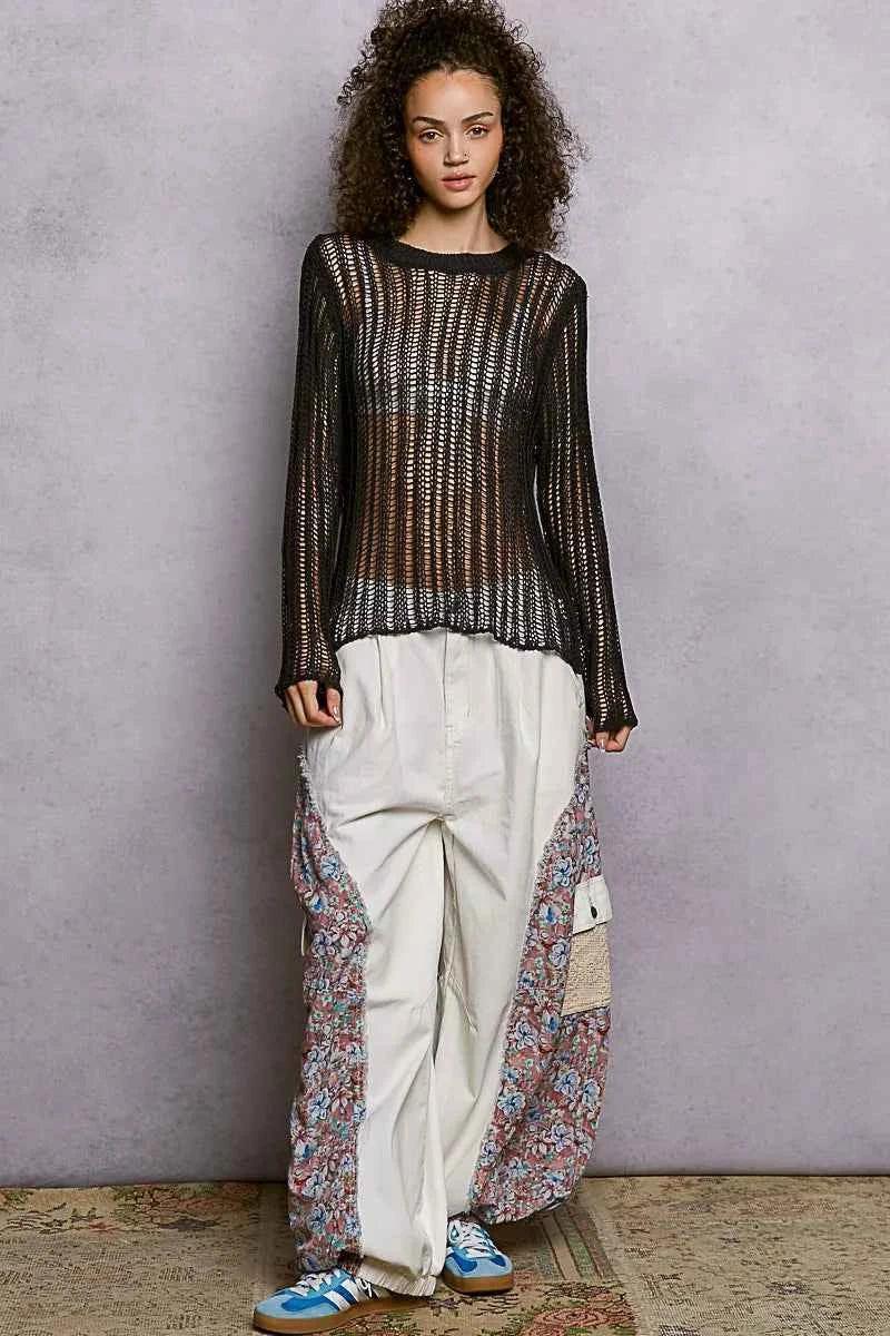Openwork Round Neck Knit Cover Up Top For Women
