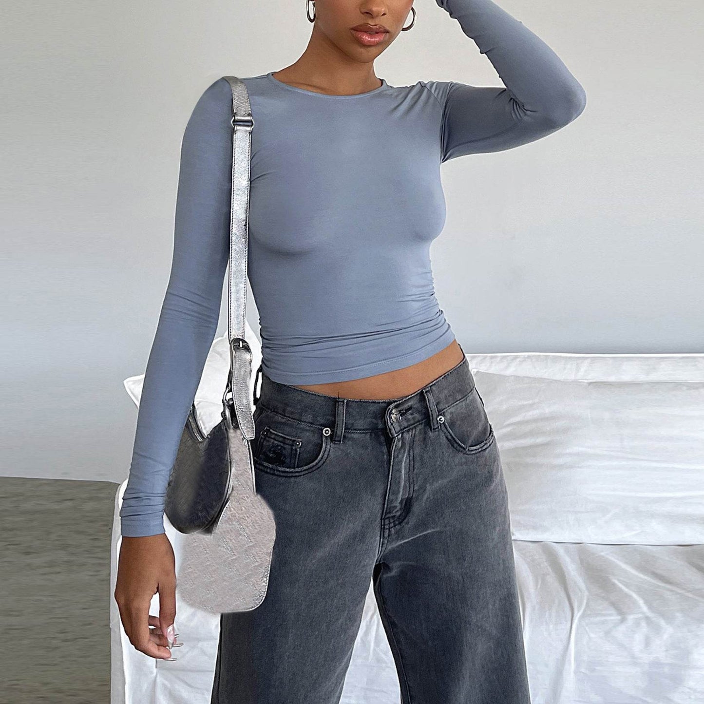 Women's Clothing Fashion Slim Long-sleeved Pullovers Tops Solid Causal Fit Shirts Bluegrey MuddyStock