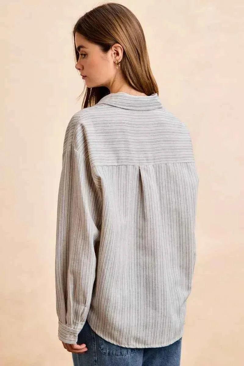 Flower Jacquard Knit Patch Pocket Stripe Shirt For Women