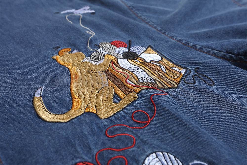 Embroidered Cat Denim Short Sleeve Shirt For Men And Women MuddyStock