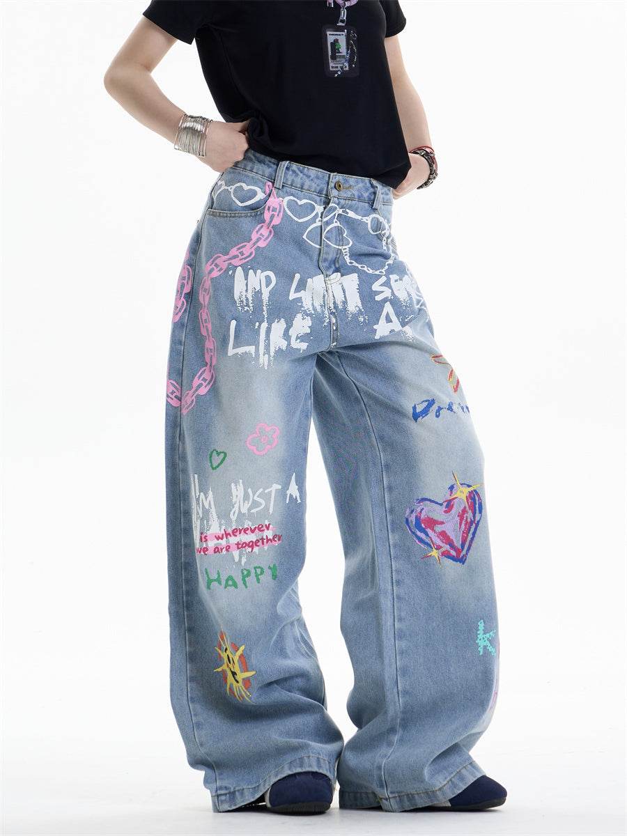 Waist Chain Printed Jeans For Women Blue MuddyStock