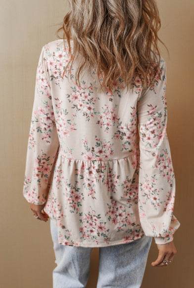 Floral Print Pleated U Neck Loose Fit Blouse MuddyStock