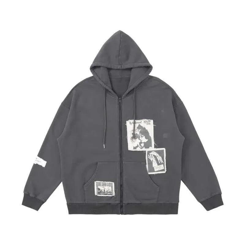 Wrecking Patch Zipper Hoodie For Men Grey