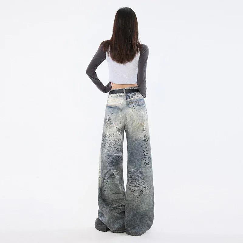 Graffiti Distressed High Waist Wide Leg Jeans For Women | MuddyStock Originals