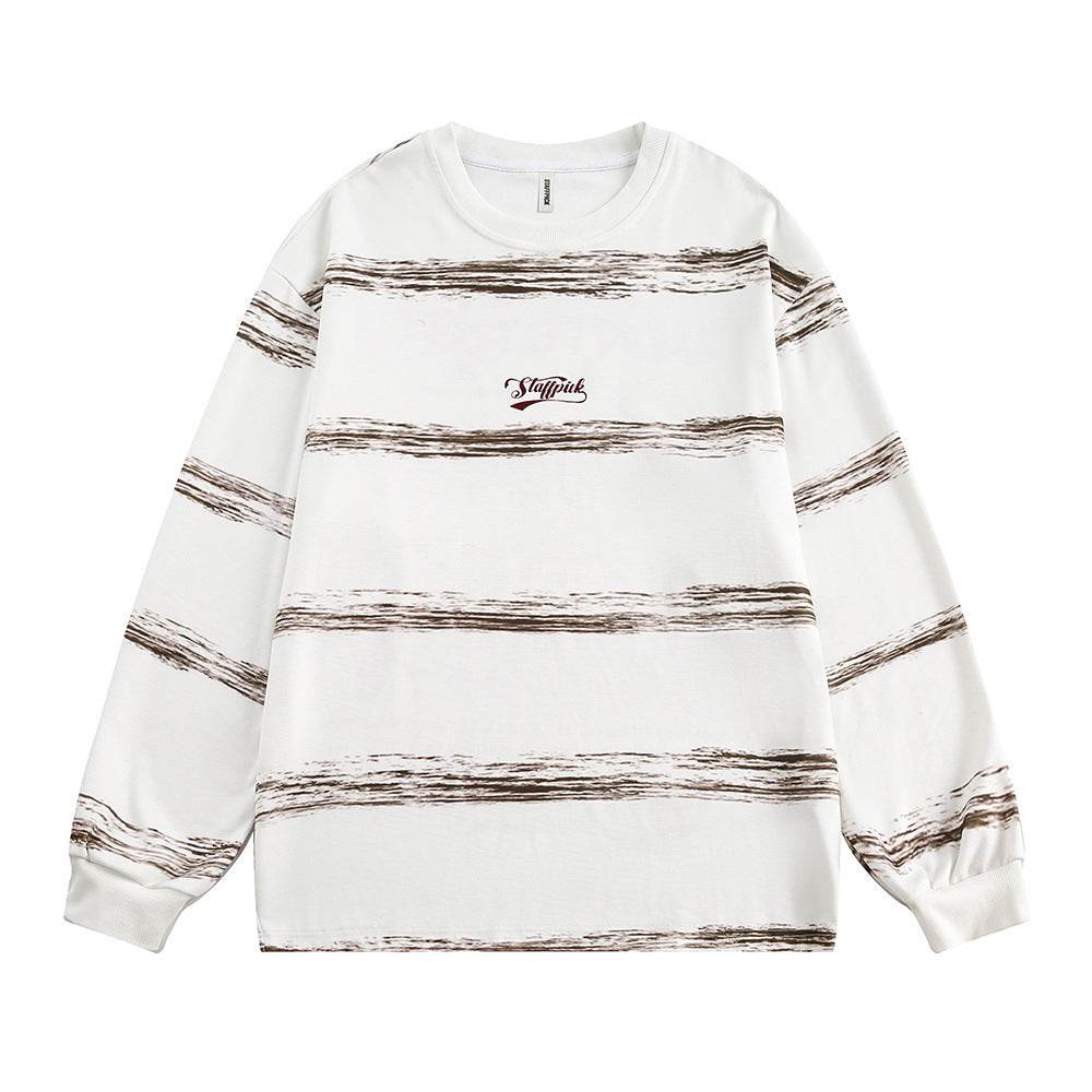 Hand-painted Graffiti Letter Striped Long-sleeved T-shirt For Men And Women Coffee Color With Stripes MuddyStock